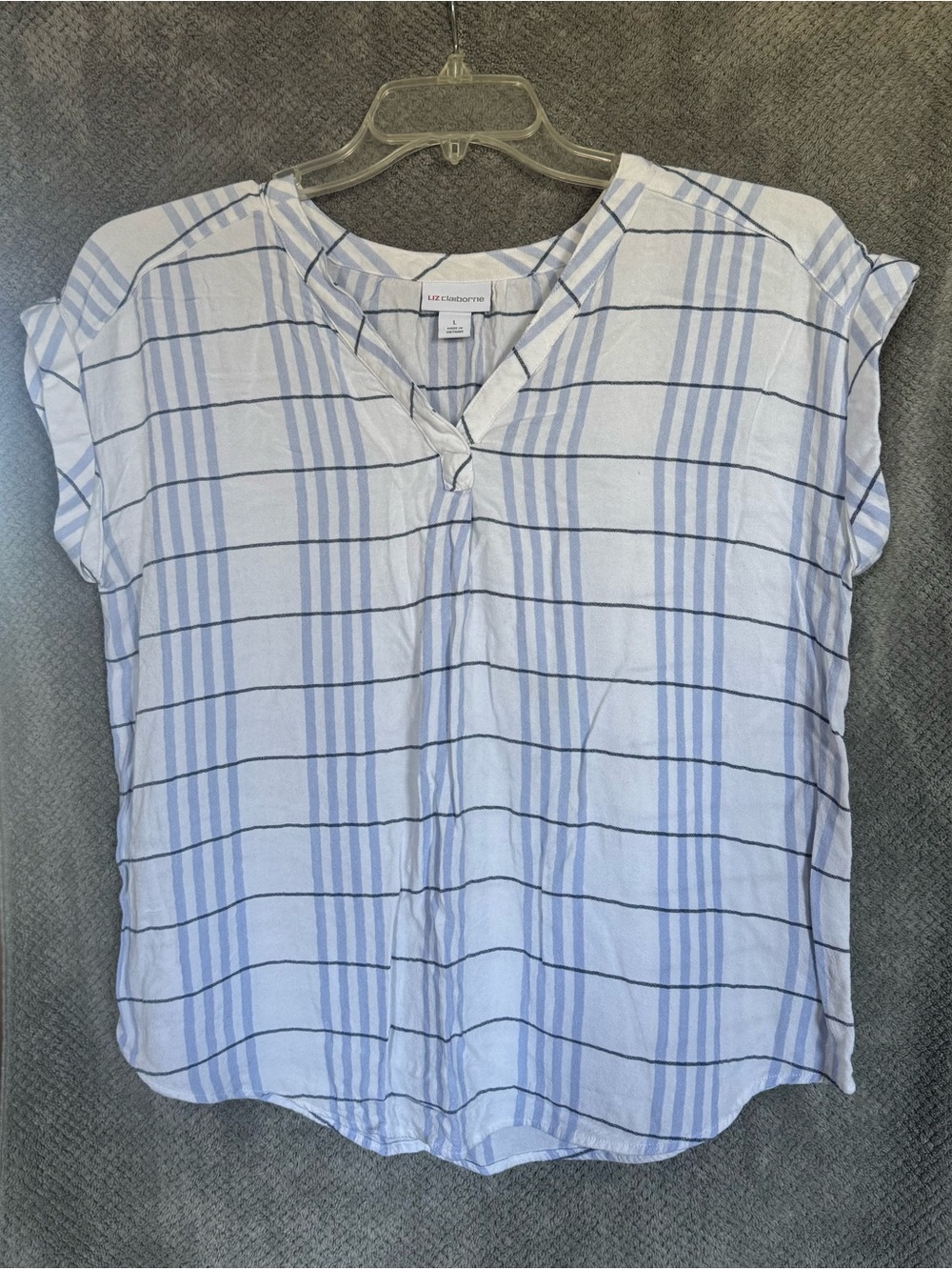 Liz Claiborne Light Blue and White Striped V-Neck Cap Sleeve Top